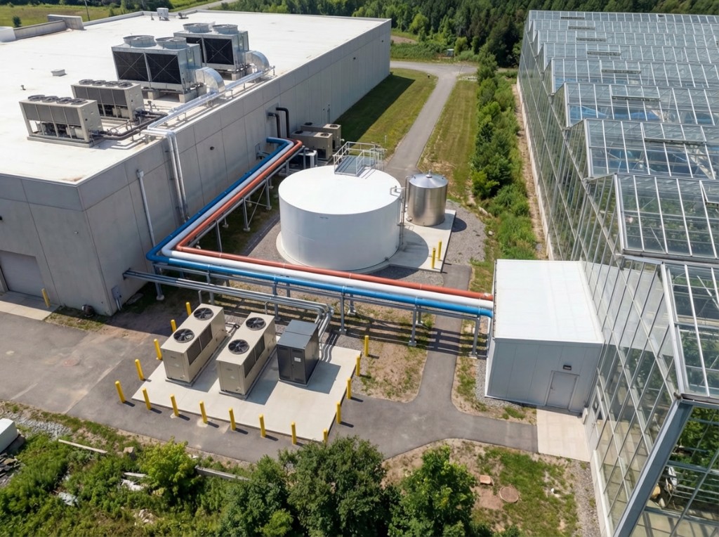 Illustrative mechanical integration between compute cooling and controlled-environment agriculture.